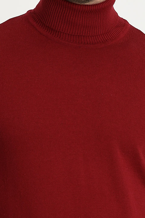 Dark Red Turtleneck Regular Fit Cotton Knit Sweater