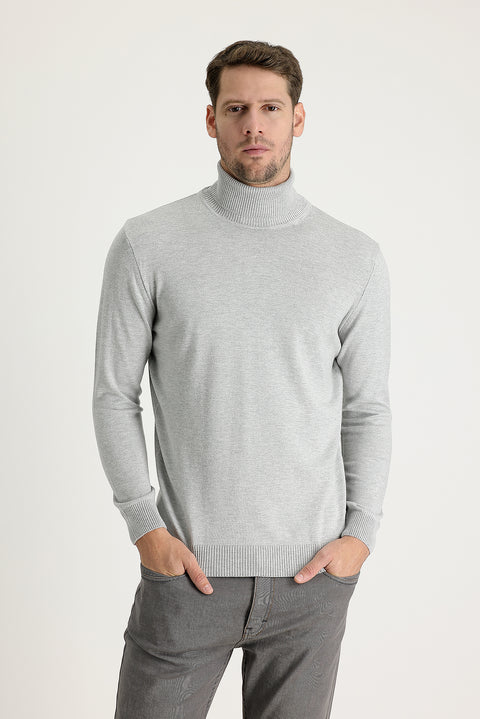Light Grey Melange Turtleneck Regular Fit Knitted Sweater