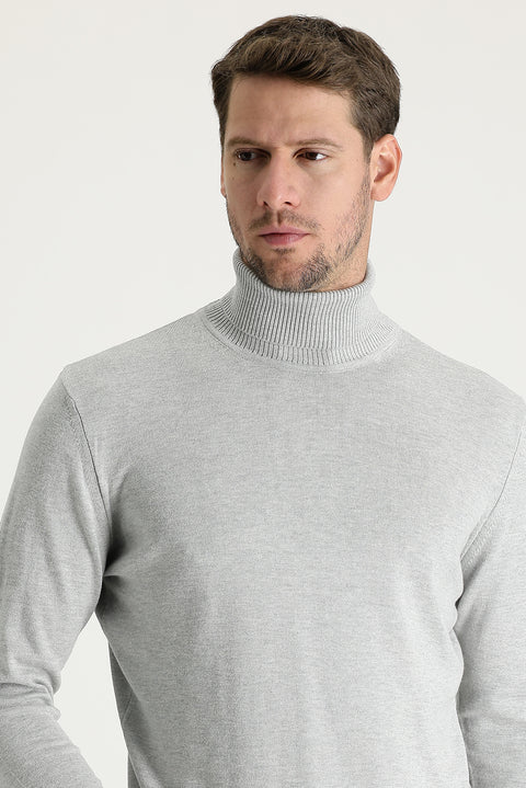 Light Grey Melange Turtleneck Regular Fit Knitted Sweater
