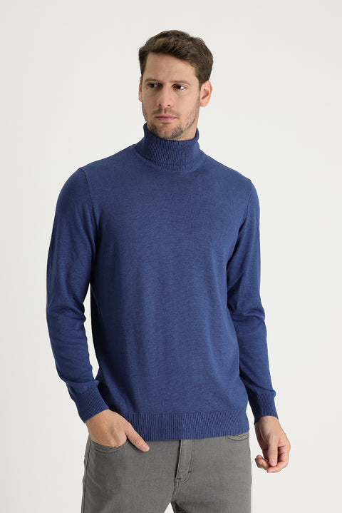 İndigo Melanj Balıkçı Yaka Regular Fit Triko Kazak
