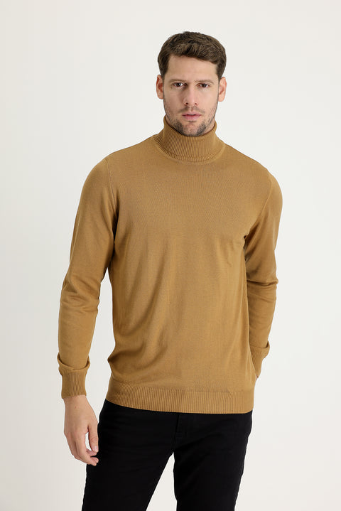 Camel Turtleneck Regular Fit Knit Sweater