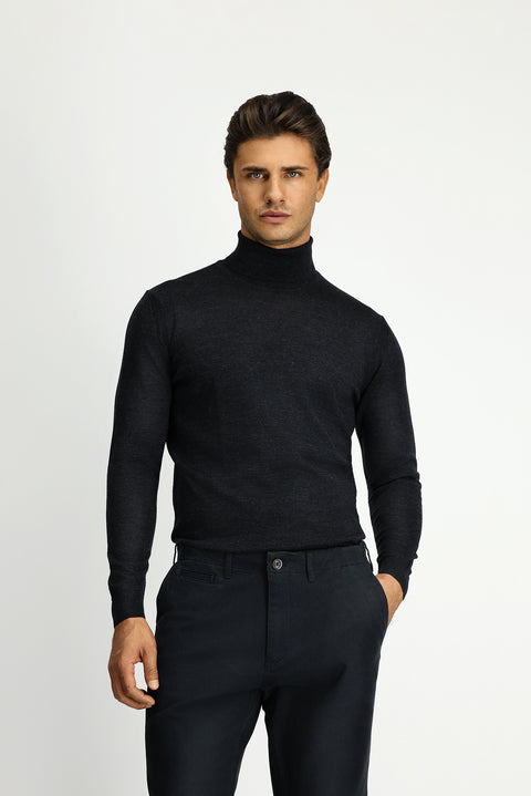 Medium Anthracite Turtleneck Regular Fit Wool Knit Sweater