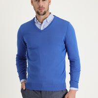 Dark Blue V-Neck Regular Fit Cotton Knit Sweater