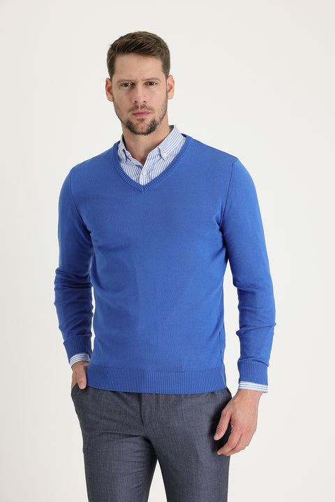 Dark Blue V-Neck Regular Fit Cotton Knit Sweater