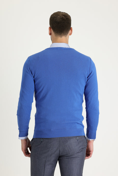 Dark Blue V-Neck Regular Fit Cotton Knit Sweater