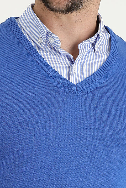 Dark Blue V-Neck Regular Fit Cotton Knit Sweater