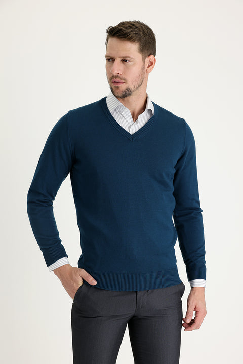Orta Petrol V Yaka Regular Fit Triko Kazak
