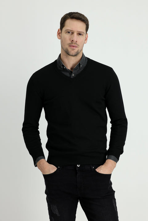 Siyah V Yaka Slim Fit Dar Kesim Triko Kazak