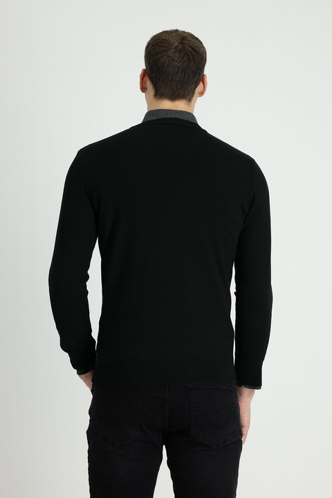 Siyah V Yaka Slim Fit Dar Kesim Triko Kazak