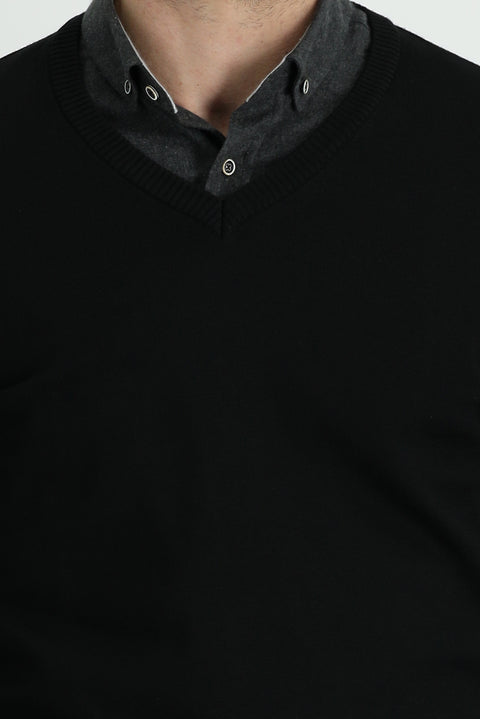 Siyah V Yaka Slim Fit Dar Kesim Triko Kazak