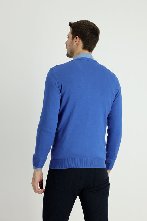 Koyu Mavi  V Yaka Slim Fit Dar Kesim Pamuklu Triko Kazak