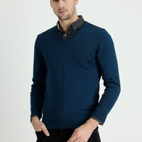 Medium Petrol V-Neck Slim Fit Narrow Cut Cotton Knit Sweater