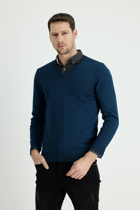 Medium Petrol V-Neck Slim Fit Narrow Cut Cotton Knit Sweater