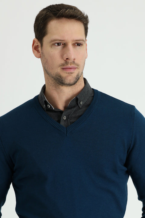 Medium Petrol V-Neck Slim Fit Narrow Cut Cotton Knit Sweater