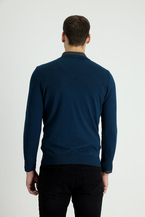 Medium Petrol V-Neck Slim Fit Narrow Cut Cotton Knit Sweater