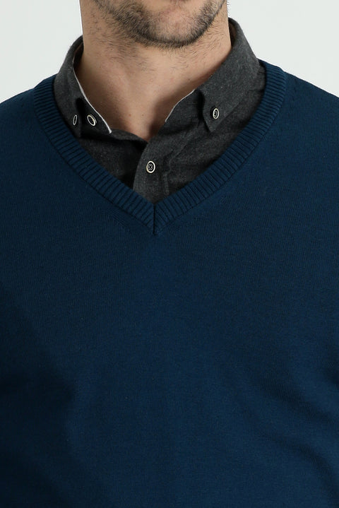 Medium Petrol V-Neck Slim Fit Narrow Cut Cotton Knit Sweater