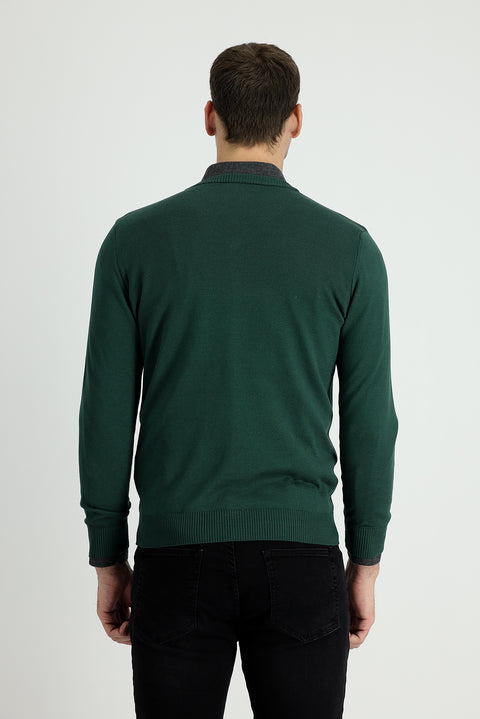 Orman Yeşili V Yaka Slim Fit Dar Kesim Pamuklu Triko Kazak