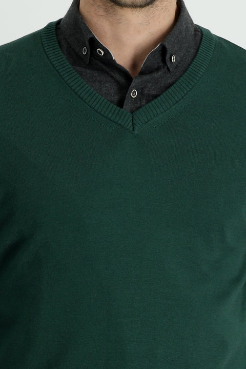 Orman Yeşili V Yaka Slim Fit Dar Kesim Pamuklu Triko Kazak
