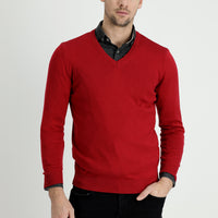 Dark Red V-Neck Slim Fit Narrow Cut Cotton Knit Sweater