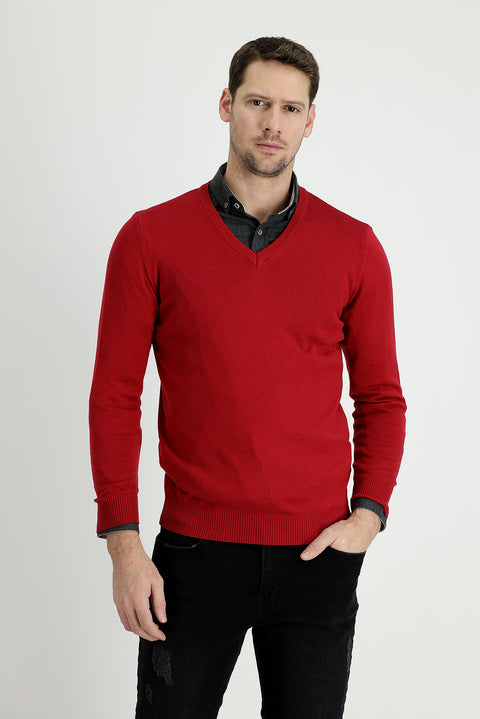 Dark Red V-Neck Slim Fit Narrow Cut Cotton Knit Sweater