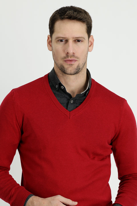 Dark Red V-Neck Slim Fit Narrow Cut Cotton Knit Sweater