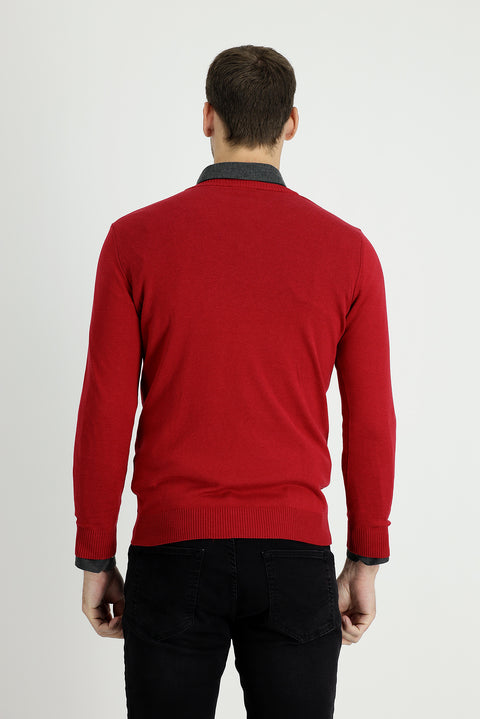 Dark Red V-Neck Slim Fit Narrow Cut Cotton Knit Sweater