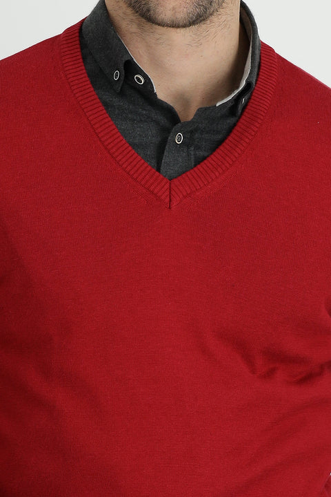Dark Red V-Neck Slim Fit Narrow Cut Cotton Knit Sweater