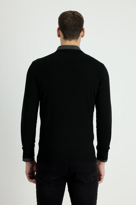 Siyah V Yaka Regular Fit Triko Kazak