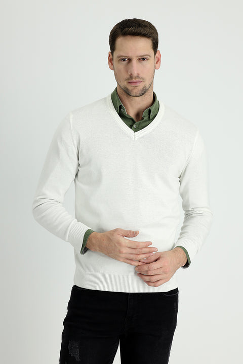 Ekru V Yaka Regular Fit Pamuklu Triko Kazak