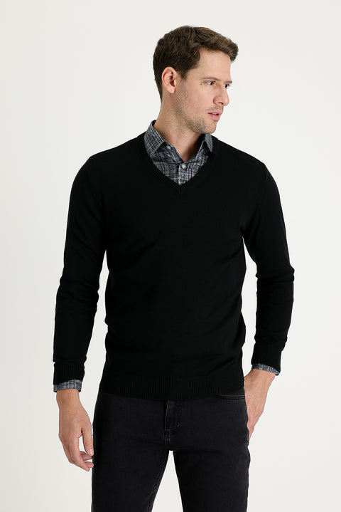 Siyah V Yaka Regular Fit Triko Kazak