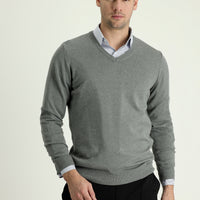 Medium Gray Melange V-Neck Regular Fit Knitwear Sweater