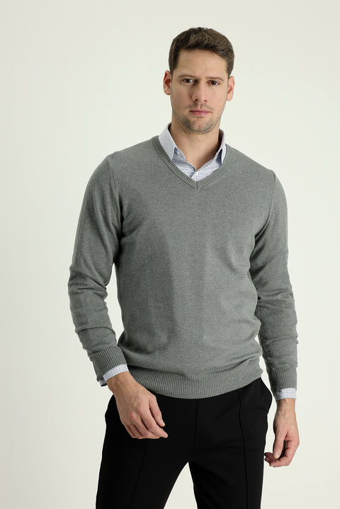 Medium Gray Melange V-Neck Regular Fit Knitwear Sweater