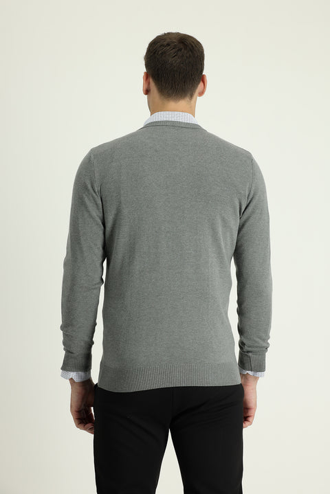 Medium Gray Melange V-Neck Regular Fit Knitwear Sweater