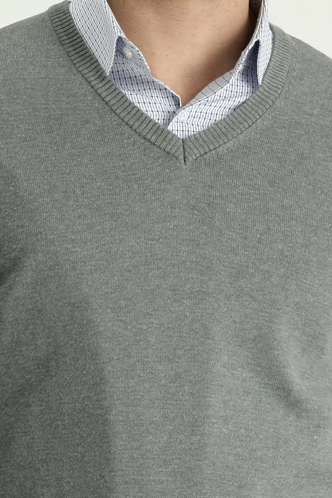Medium Gray Melange V-Neck Regular Fit Knitwear Sweater