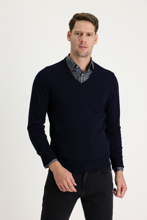 Dark Navy V-Neck Regular Fit Cotton Knit Sweater