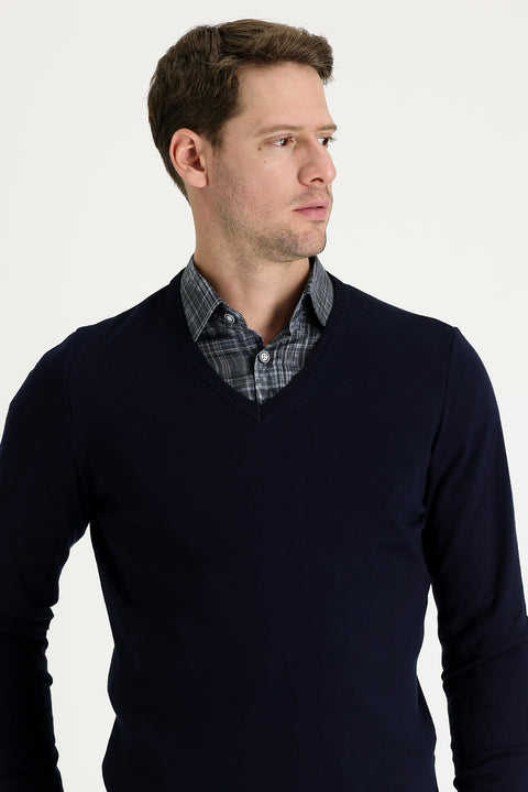 Dark Navy V-Neck Regular Fit Cotton Knit Sweater