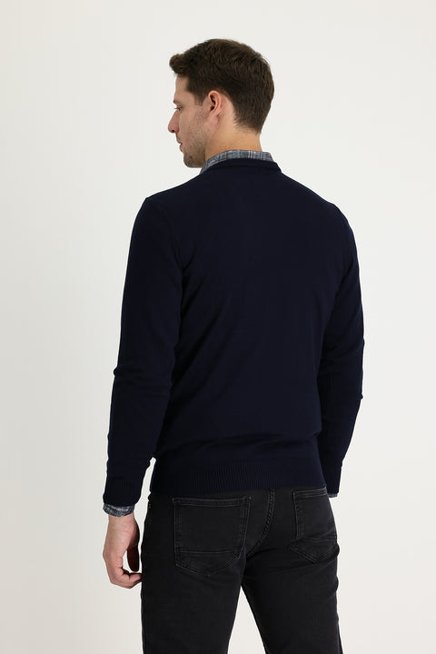 Dark Navy V-Neck Regular Fit Cotton Knit Sweater