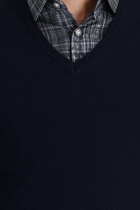 Dark Navy V-Neck Regular Fit Cotton Knit Sweater
