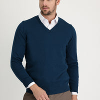 Medium Petrol V-Neck Regular Fit Cotton Knit Sweater