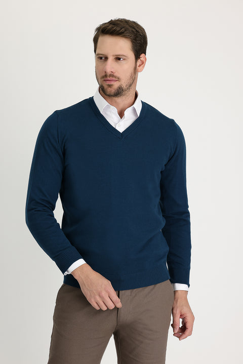 Medium Petrol V-Neck Regular Fit Cotton Knit Sweater