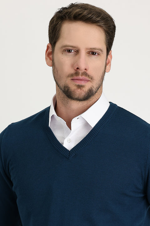 Medium Petrol V-Neck Regular Fit Cotton Knit Sweater