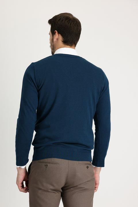 Medium Petrol V-Neck Regular Fit Cotton Knit Sweater