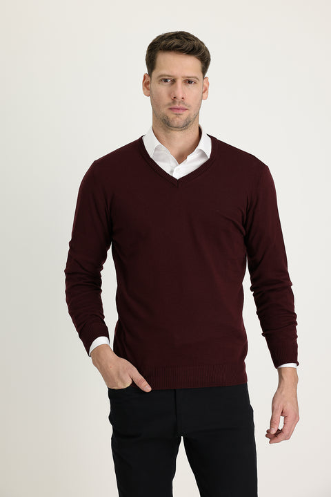 Koyu Bordo V Yaka Regular Fit Triko Kazak