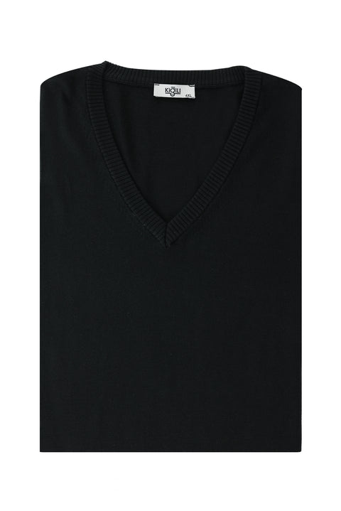 Black Plus Size V-Neck Regular Fit Cotton Knit Sweater