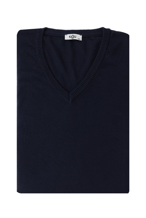 Dark Navy Plus Size V-Neck Regular Fit Knitted Sweater