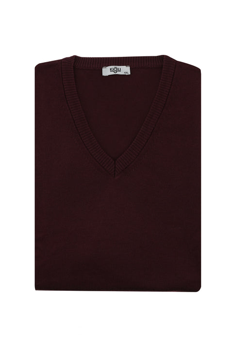 Dark Burgundy Plus Size V-Neck Regular Fit Cotton Knit Sweater