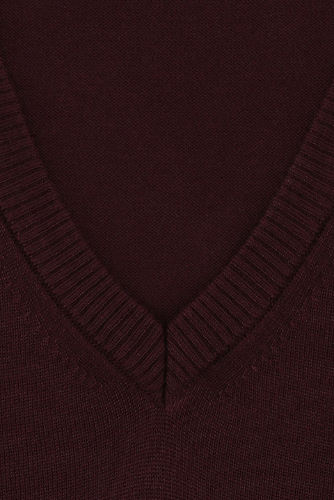 Dark Burgundy Plus Size V-Neck Regular Fit Cotton Knit Sweater