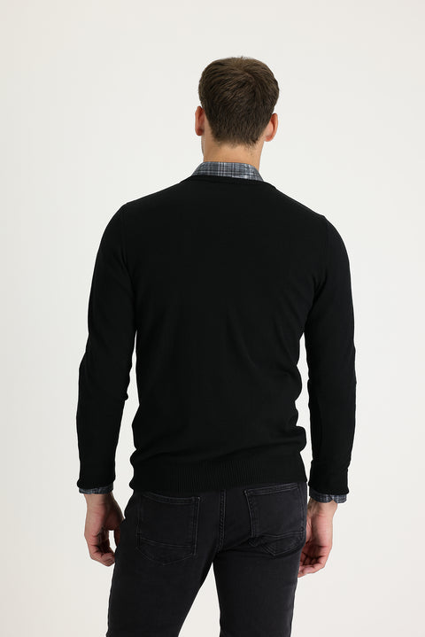 Siyah V Yaka Regular Fit Triko Kazak