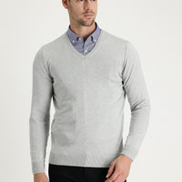 Light Grey Melange V-Neck Regular Fit Knitted Sweater