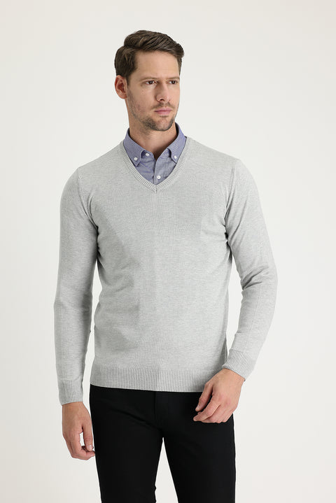 Light Grey Melange V-Neck Regular Fit Knitted Sweater